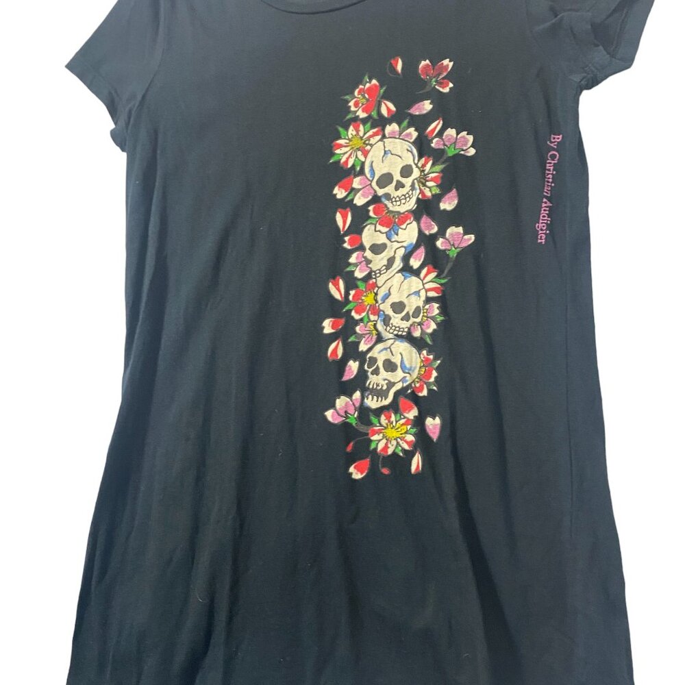 Ed Hardy T-Shirt Floral Skull  Black Sz Large - Picture 2 of 6